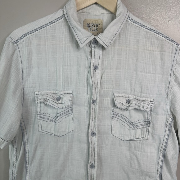 Rustic Blue Shirt Mens L White Button Up Embroidered Cotton Linen - Picture 2 of 11